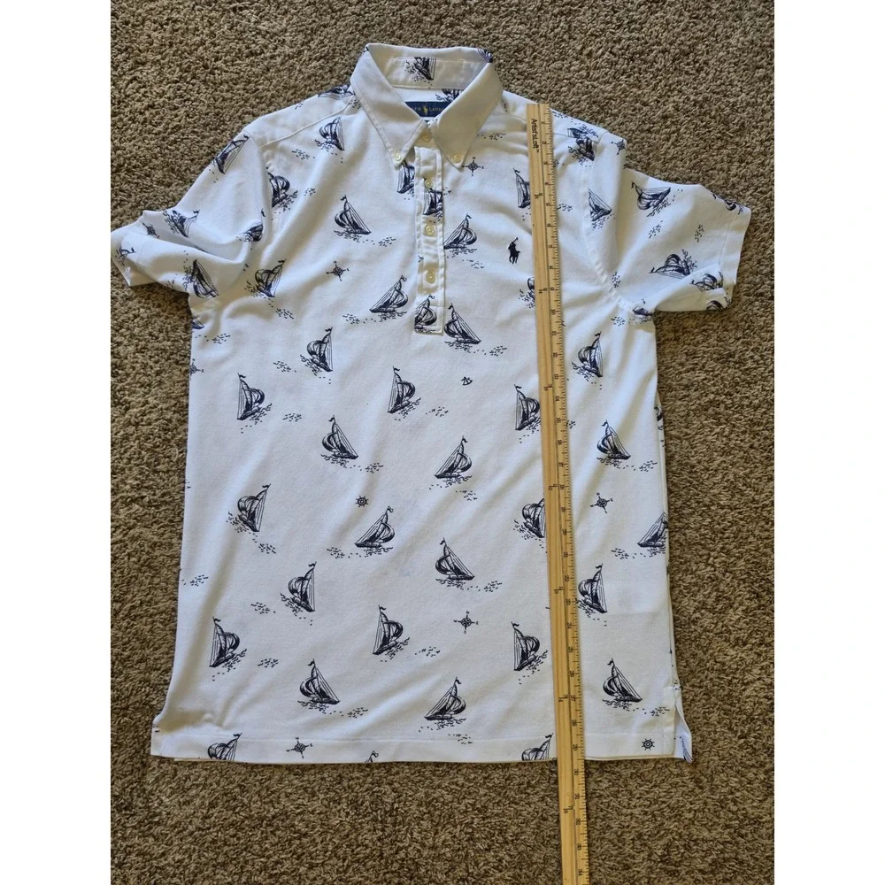 Ralph Lauren Mens Knit Oxford Polo Shirt White Nautical Sailboat Print Medium